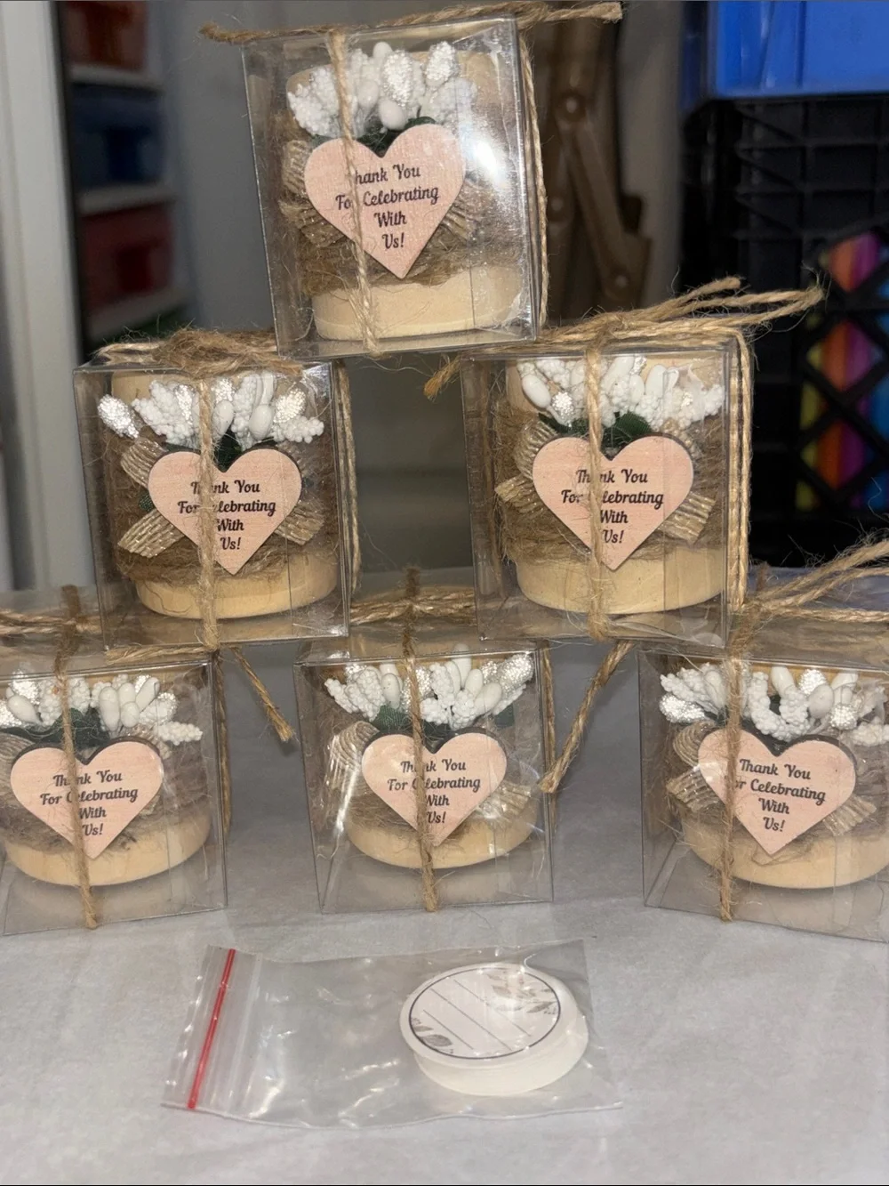 White Floral Rustic Tea Candle  Party Favor with Heart Tag -